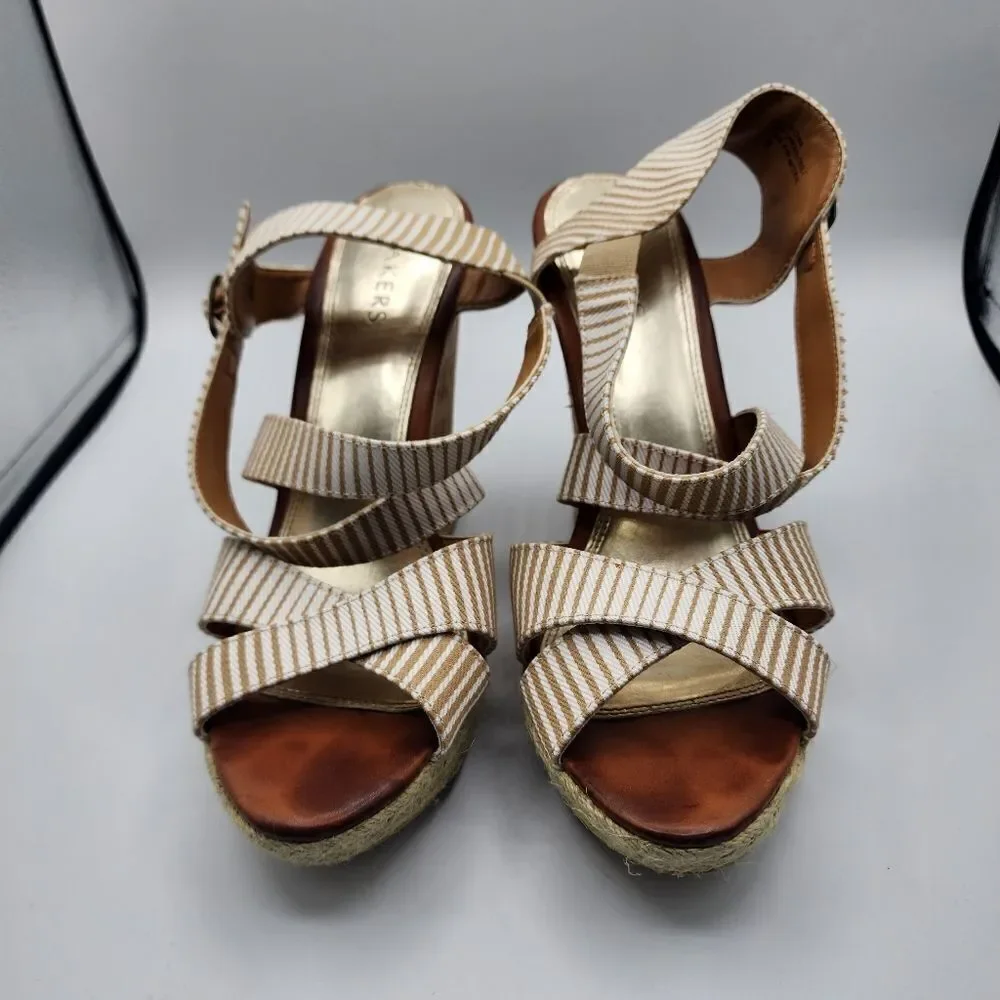 Bakers tan & white strappy cork wedges